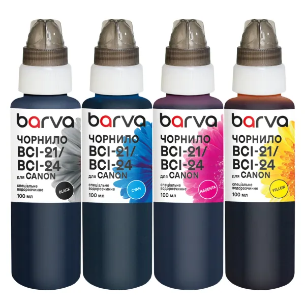 Комплект чорнил для Canon BCI-21/BCI-24 спеціальні 4x100 мл, водорозчинні, BK/C/M/Y Barva (C24-090-MP)