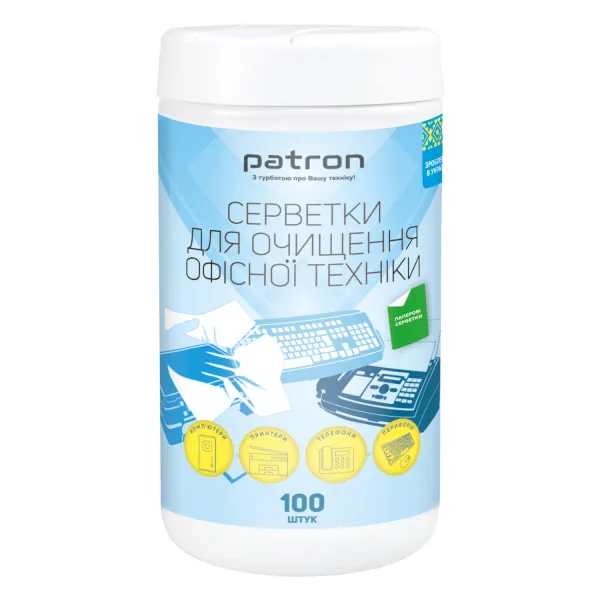 Салфетки для очистки оргтехники бумажные, туба 100 шт Patron (F3-060)