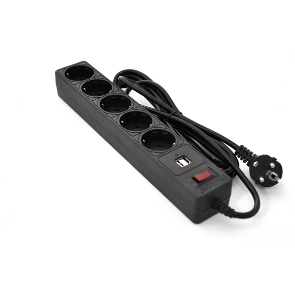 Фильтр сетевой 5 розеток + 2 x USB 2.0 2.1A, 3 м, черный Patron (SP-53-USB)