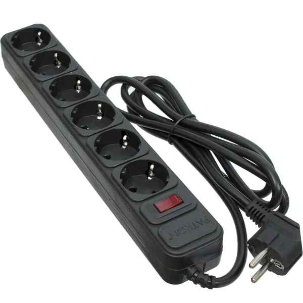 Фильтр сетевой 6 розеток, 1,8 м, черный, 3*1,5 мм2 Patron (SP-1662)