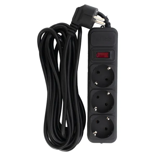 Фильтр сетевой 3 розетки, 5 м, 10 А, 250 В, 3*1мм2, черный Patron (SP-1035)