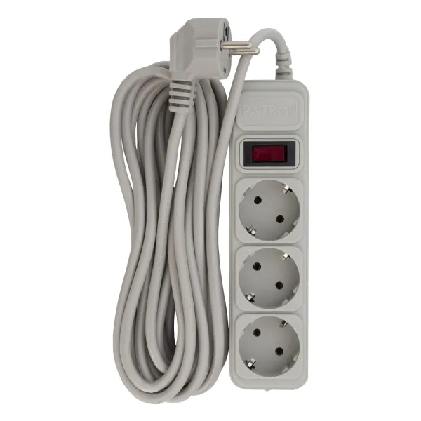 Фильтр сетевой 3 розетки, 5 м, 10 А, 250 В, 3*1мм2, серый Patron (SP-1035-GR)