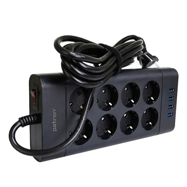 Фільтр мережевий 8 розеток + 4 х USB, 3 м, 16 А, 250 В, чорний Patron Power (SP-1683-USB) - Фото 3