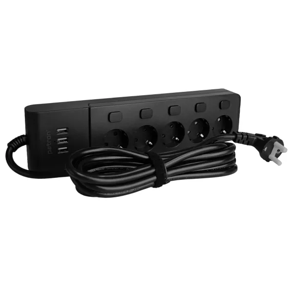 Фільтр мережевий 5 розеток + 3 х USB, 3 м, 16 А, 250 В, чорний Patron Power (SP1653-USB) - Фото 2